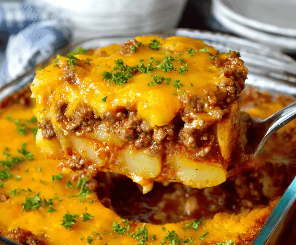 Hearty ground beef and potato casserole served in a baking dish with melted cheese on top.