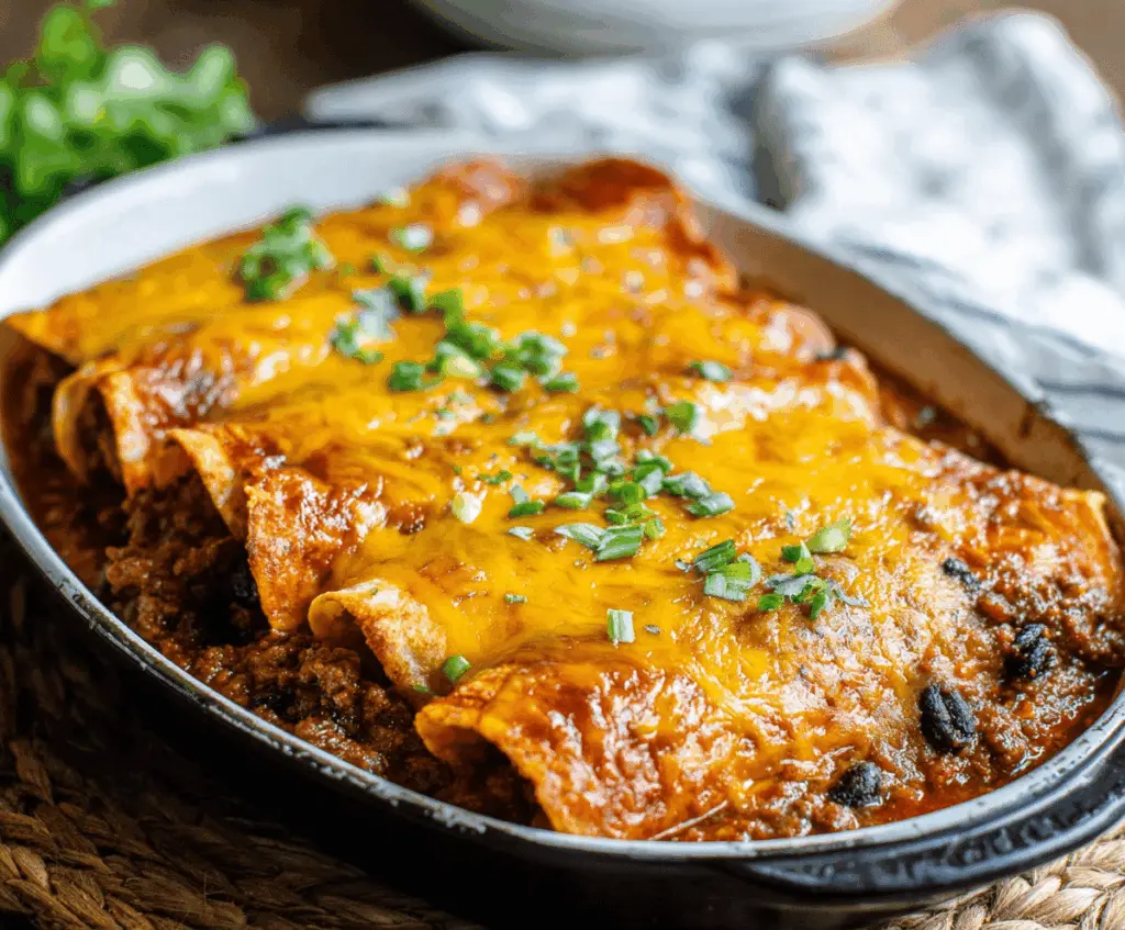 Tasty ground beef enchiladas freshly prepared in 30 minutes, perfect for a quick Mexican dinner.