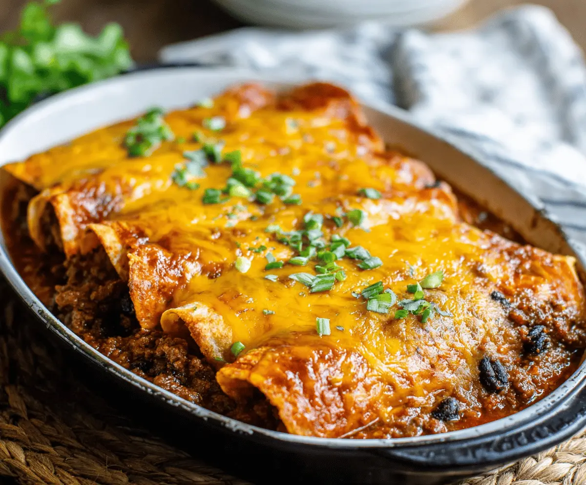 Tasty ground beef enchiladas freshly prepared in 30 minutes, perfect for a quick Mexican dinner.
