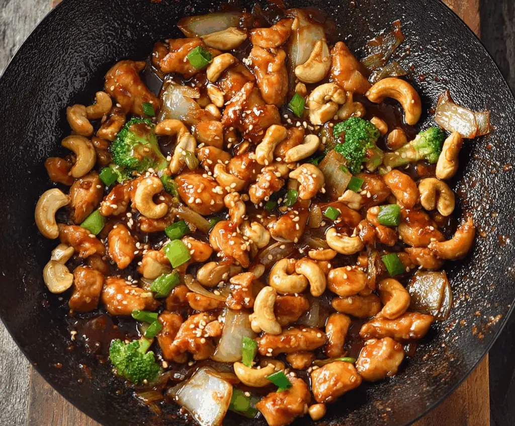 Delicious Easy Authentic Cashew Chicken plated with fresh vegetables and golden cashews on a white plate.