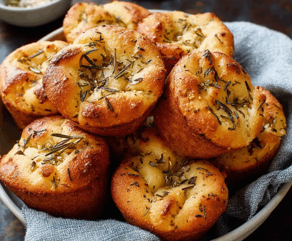 Delicious homemade garlic rosemary focaccia muffins with golden crust and aromatic herbs.