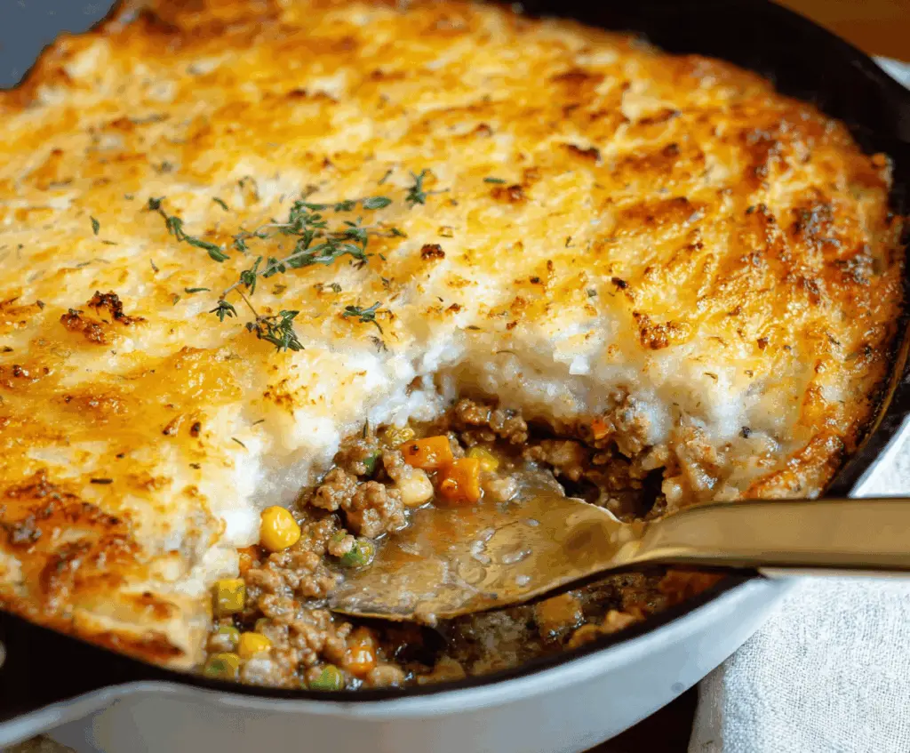 Delicious Easy Ground Turkey Shepherd's Pie served in a baking dish, topped with golden mashed potatoes.