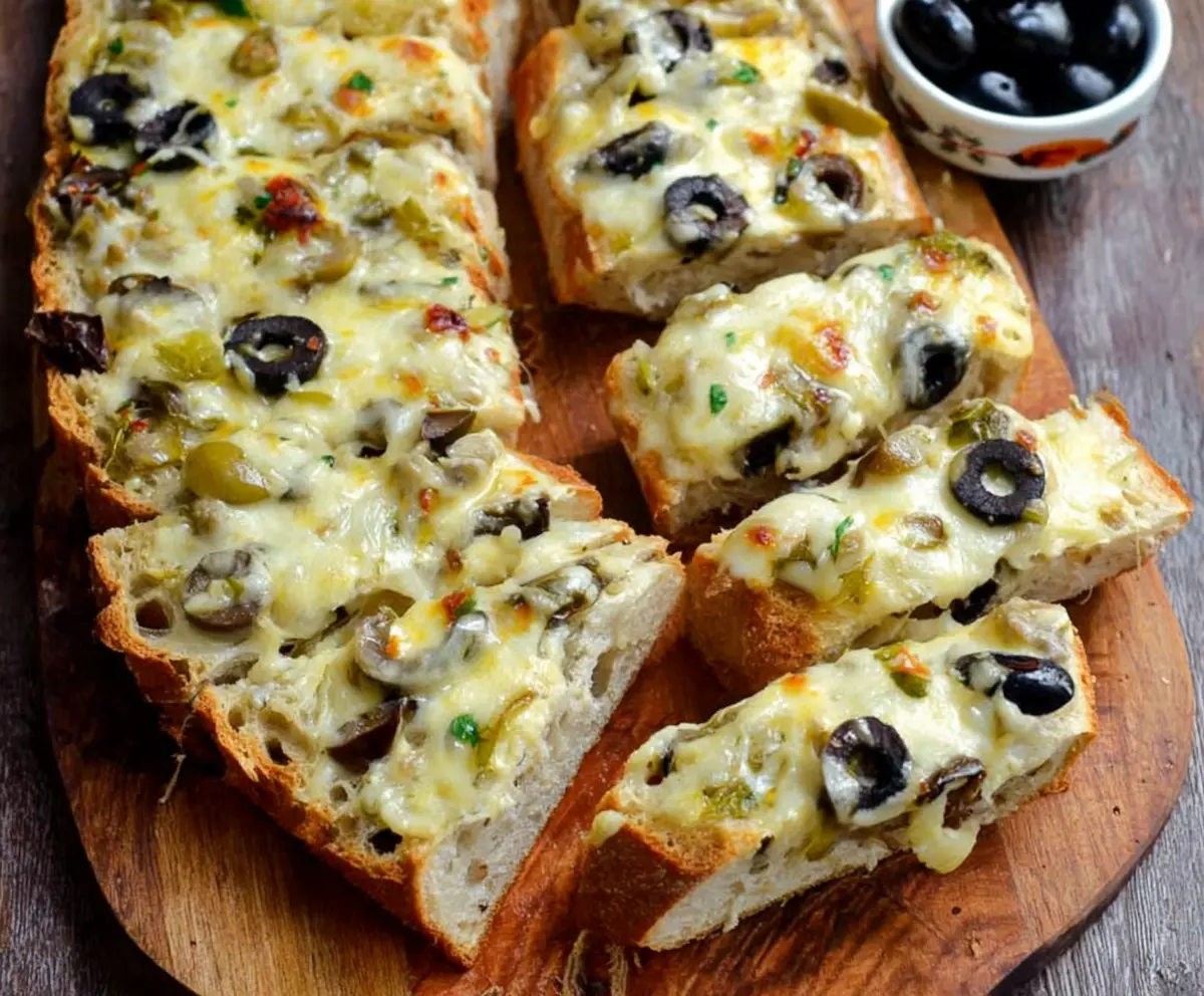 Delicious homemade olive and cheese bread appetizer on a wooden cutting board