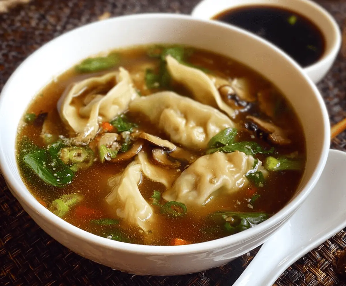 Delicious potsticker soup in a bowl with vegetables and broth, perfect for comfort food lovers.