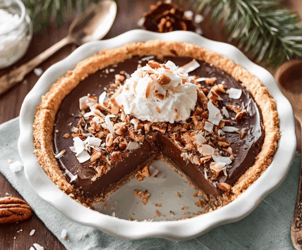 Delicious no-bake German chocolate pie topped with coconut and pecans for a festive Christmas dessert