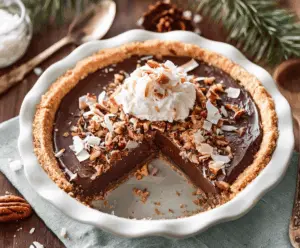 Delicious no-bake German chocolate pie topped with coconut and pecans for a festive Christmas dessert