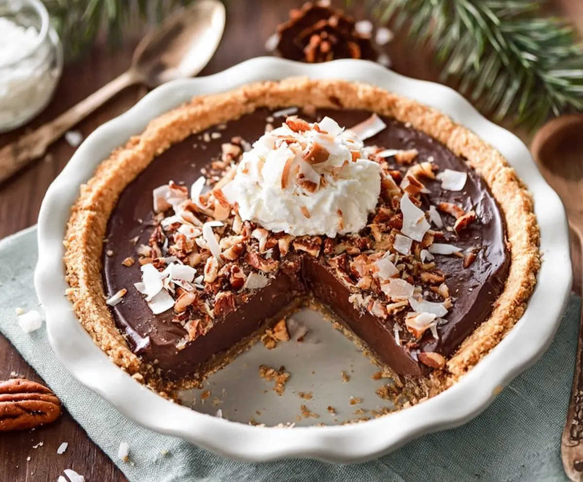 Delicious no-bake German chocolate pie topped with coconut and pecans for a festive Christmas dessert