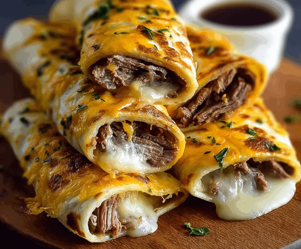 Delicious French Dip Tortilla Roll Ups filled with savory roast beef and melted cheese.