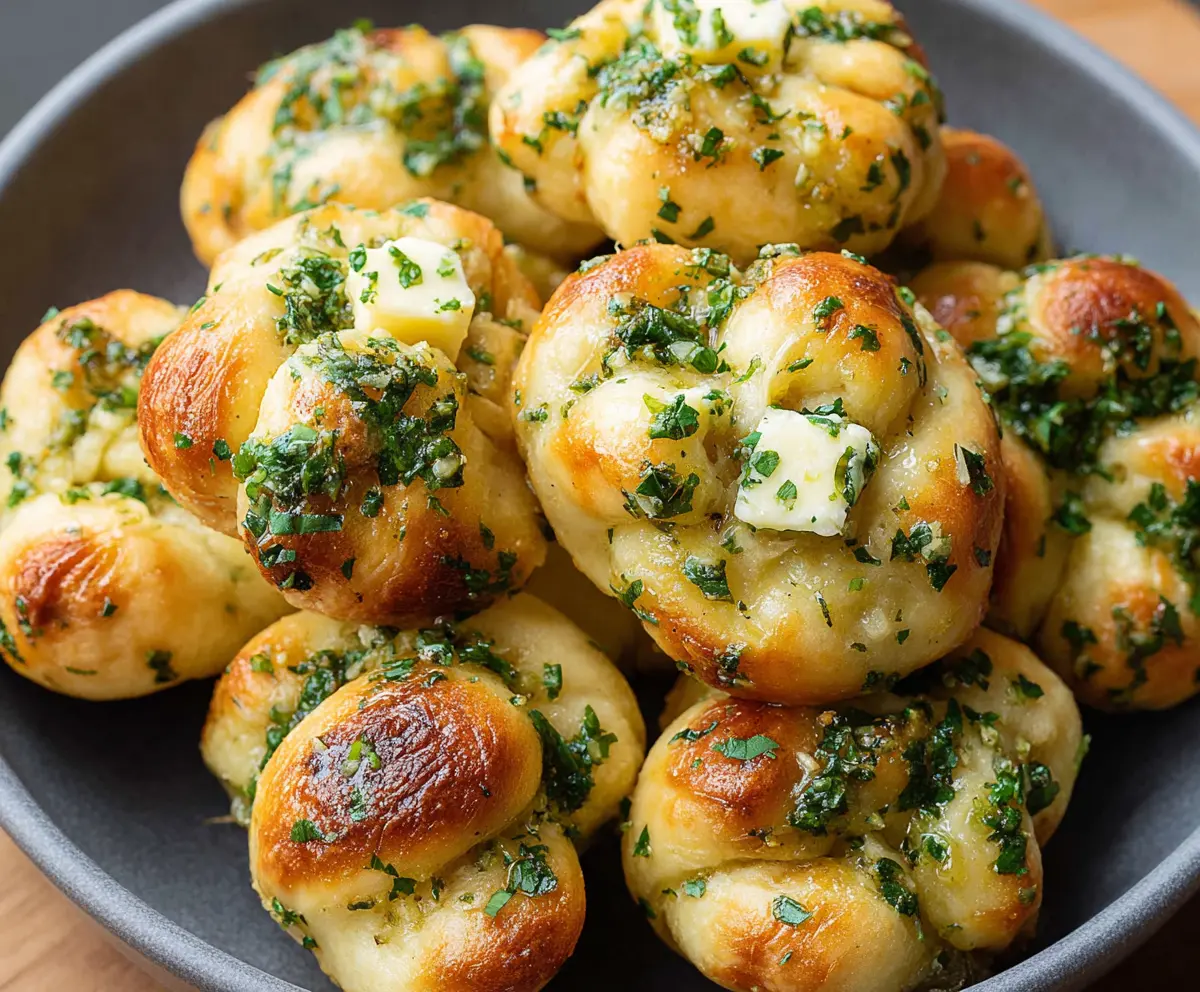 Delicious freshly baked garlic knots sprinkled with herbs on a rustic wooden table