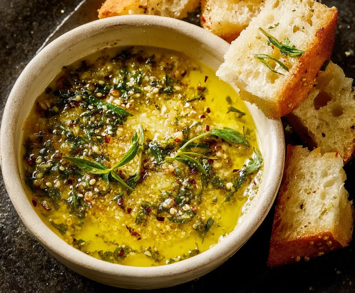 Delicious garlic olive oil dip served in a rustic bowl, perfect for bread and appetizers.