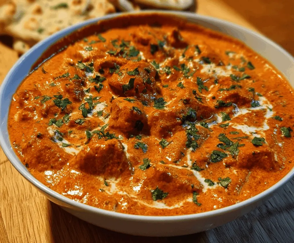 Delicious Gordon Ramsay Chicken Tikka Masala served on a plate with rice and fresh herbs.