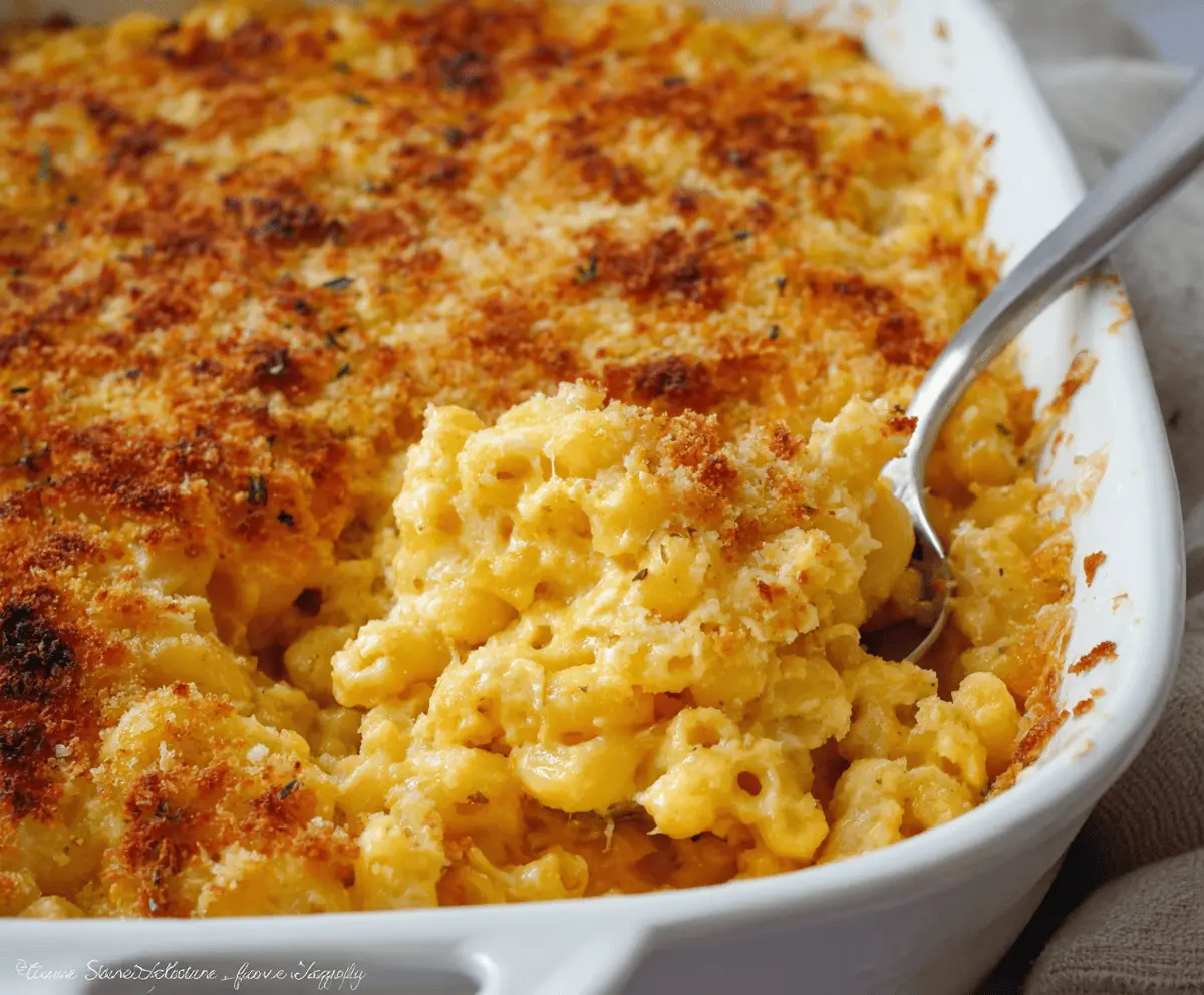 Delicious gourmet baked mac and cheese topped with crispy crunch for a comforting meal.
