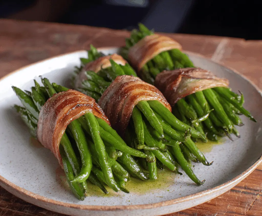 Delicious green bean bundles wrapped with bacon on a serving platter.