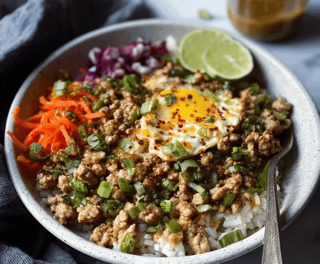 Delicious ground turkey rice bowl topped with vibrant vegetables and creamy Bang Bang sauce.
