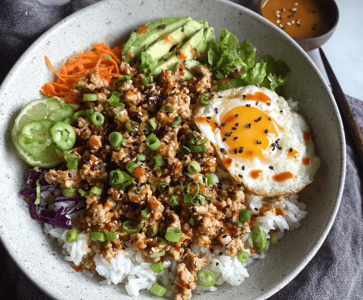 Delicious ground turkey rice bowl topped with spicy Bang Bang sauce and fresh vegetables