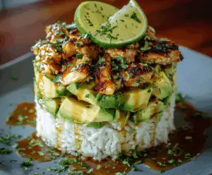 Delicious Honey Lime Chicken and Avocado Rice Stack served on a plate, featuring fresh ingredients and vibrant colors.