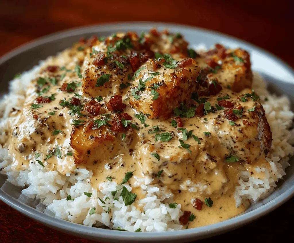 Creamy smothered chicken served over fluffy rice with a rich, savory sauce.