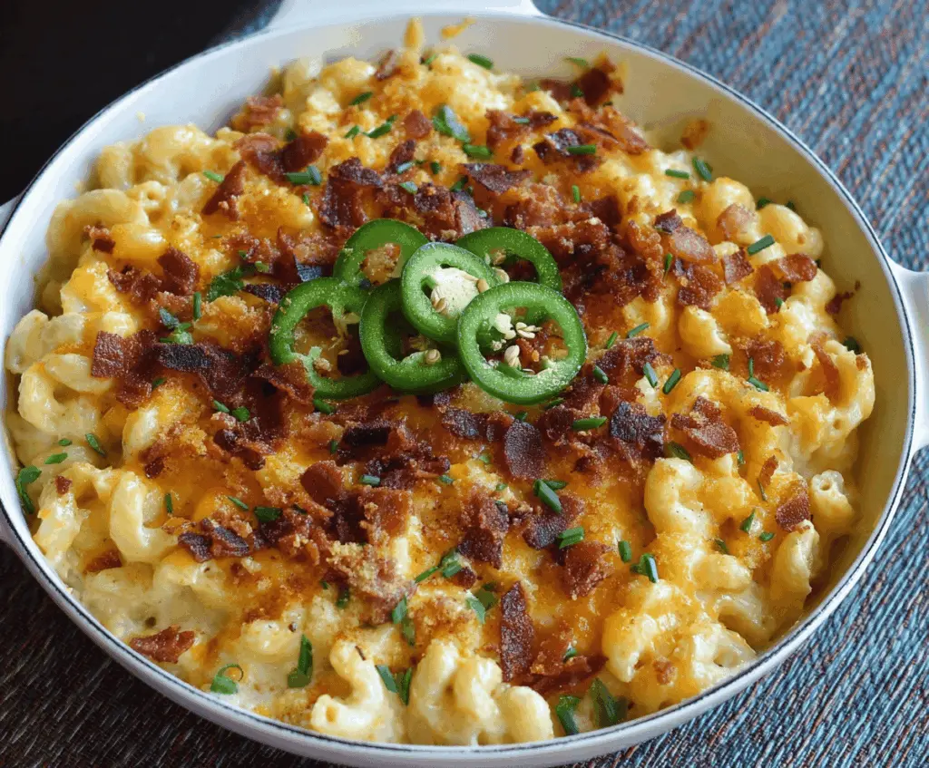Creamy Jalapeño Popper Macaroni and Cheese topped with melted cheese and sliced jalapeños.