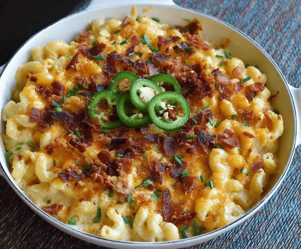 Creamy Jalapeño Popper Macaroni and Cheese topped with melted cheese and sliced jalapeños.