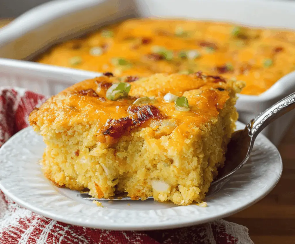 Delicious loaded cornbread casserole with cheese, jalapenos, and crispy bacon on top.