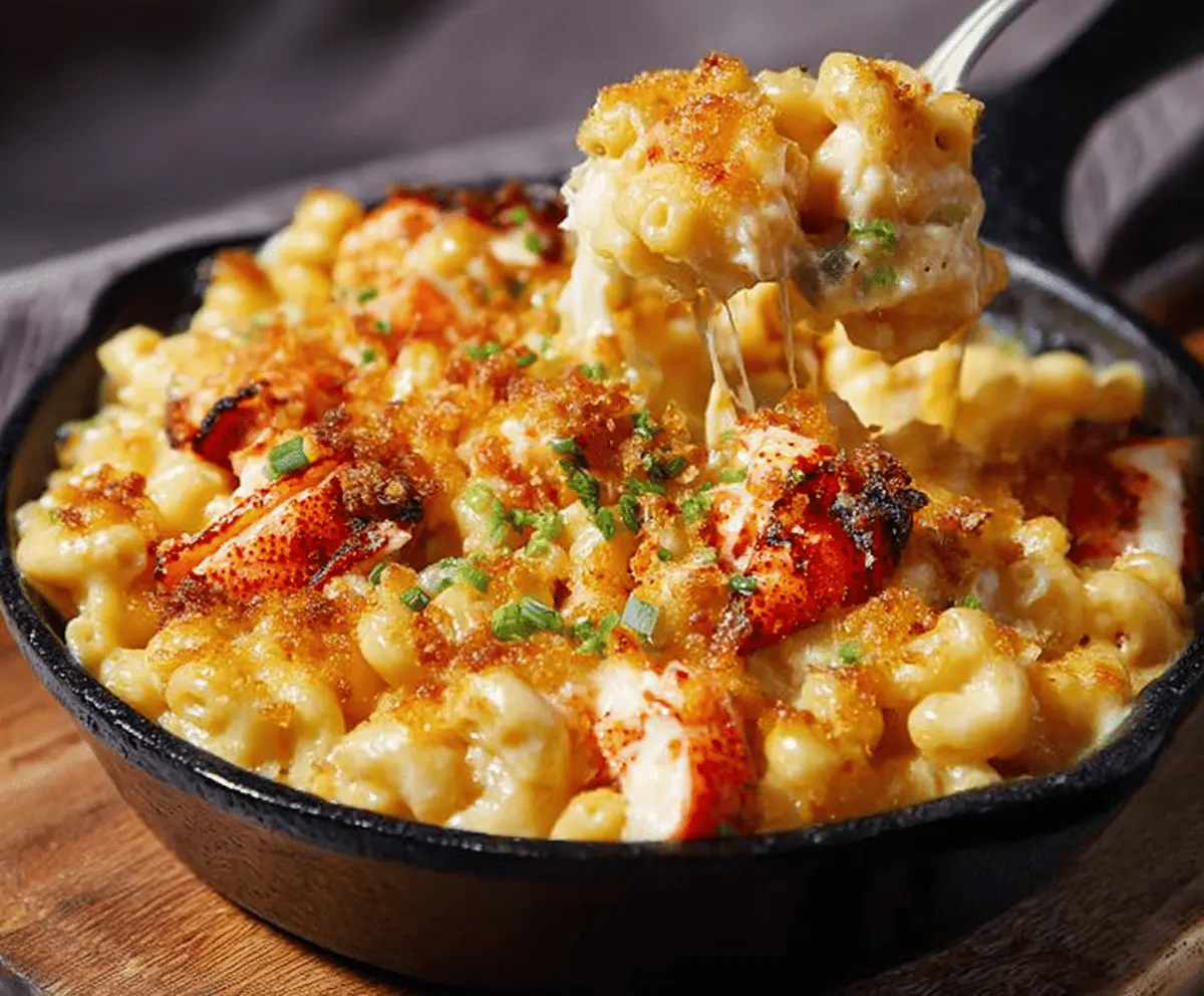 Hearty lobster mac and cheese dish with creamy cheese sauce and succulent lobster pieces