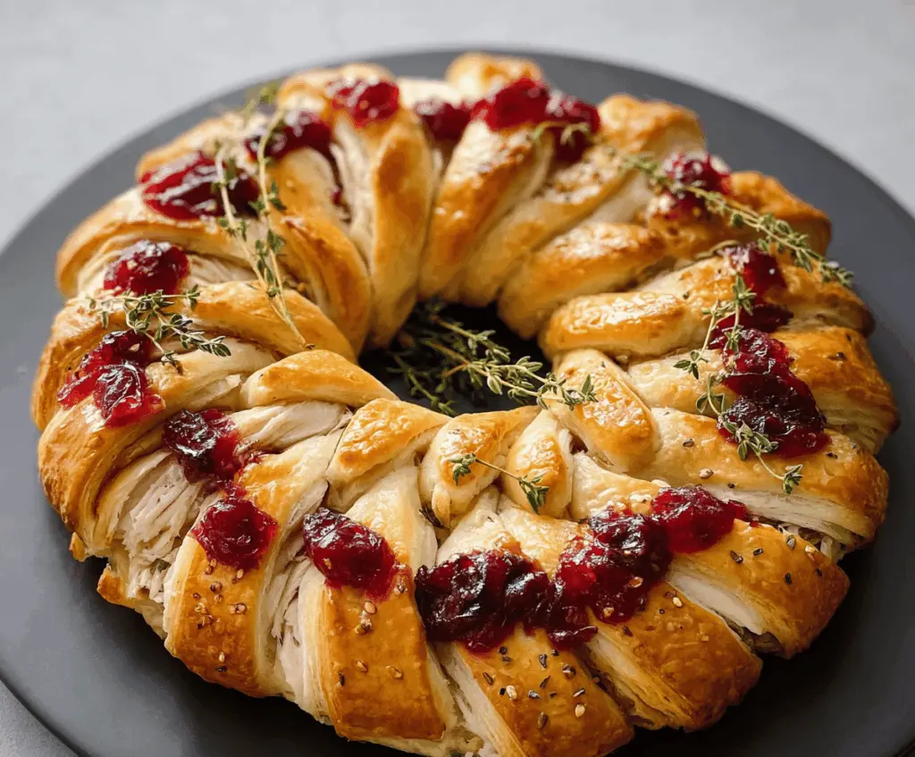 Delicious Turkey Cranberry Crescent Ring served as a festive holiday appetizer on a platter.
