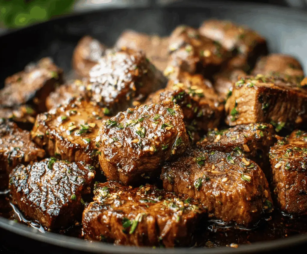 Juicy garlic butter steak cooked to perfection with golden brown crust and melted butter topping.