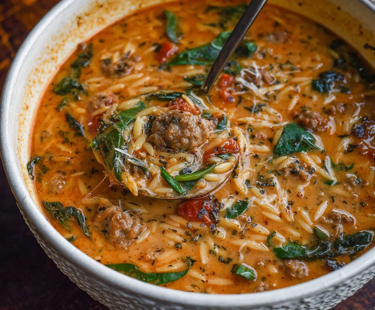 Delicious Marry Me Sausage Orzo Soup in a bowl with fresh herbs