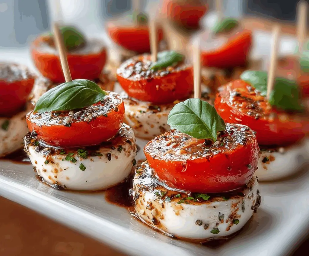 Mini Caprese Bites with fresh cherry tomatoes, mozzarella balls, and basil leaves on a skewer, perfect for appetizer recipes.