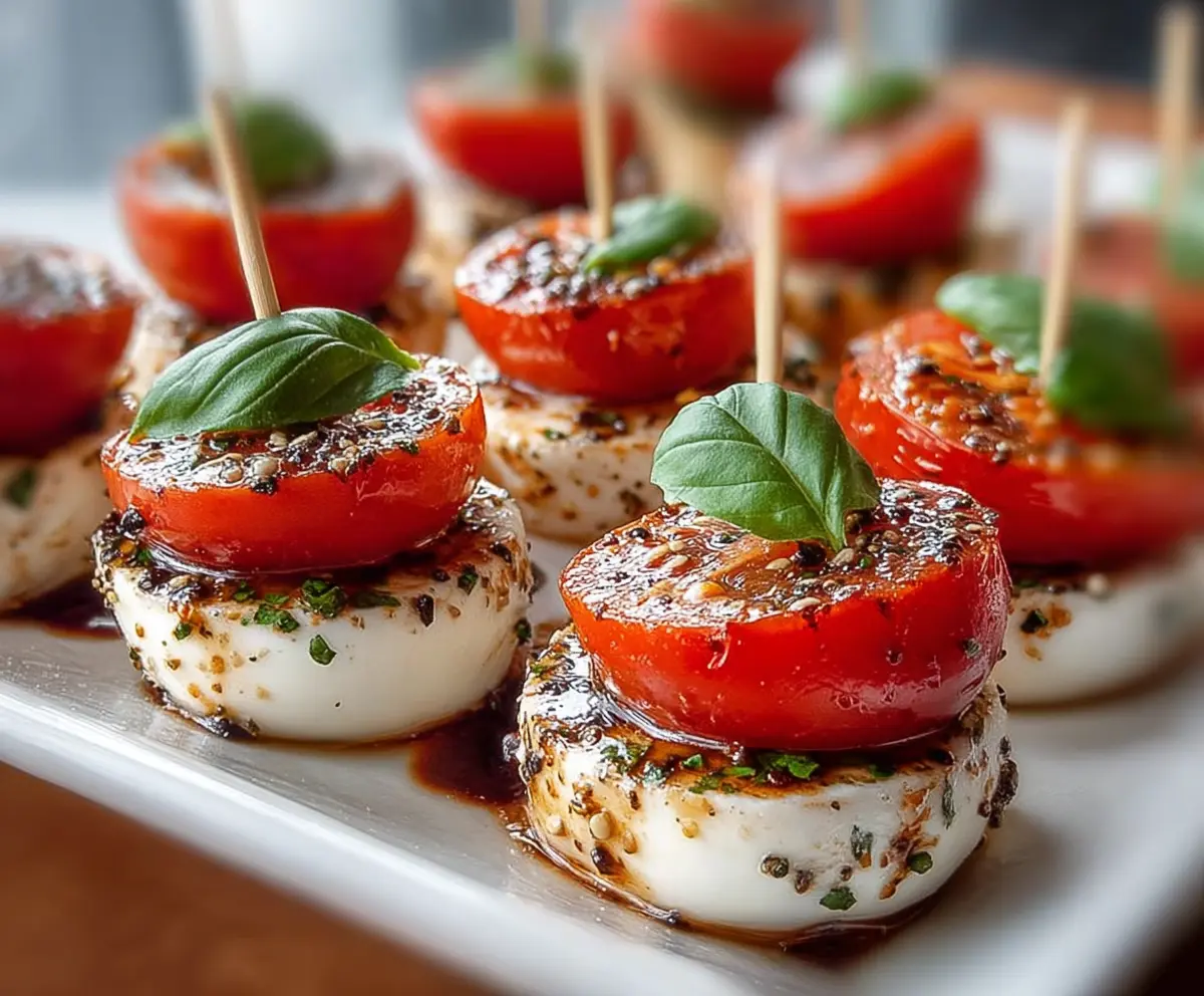 Mini Caprese Bites with fresh cherry tomatoes, mozzarella balls, and basil leaves on a skewer, perfect for appetizer recipes.