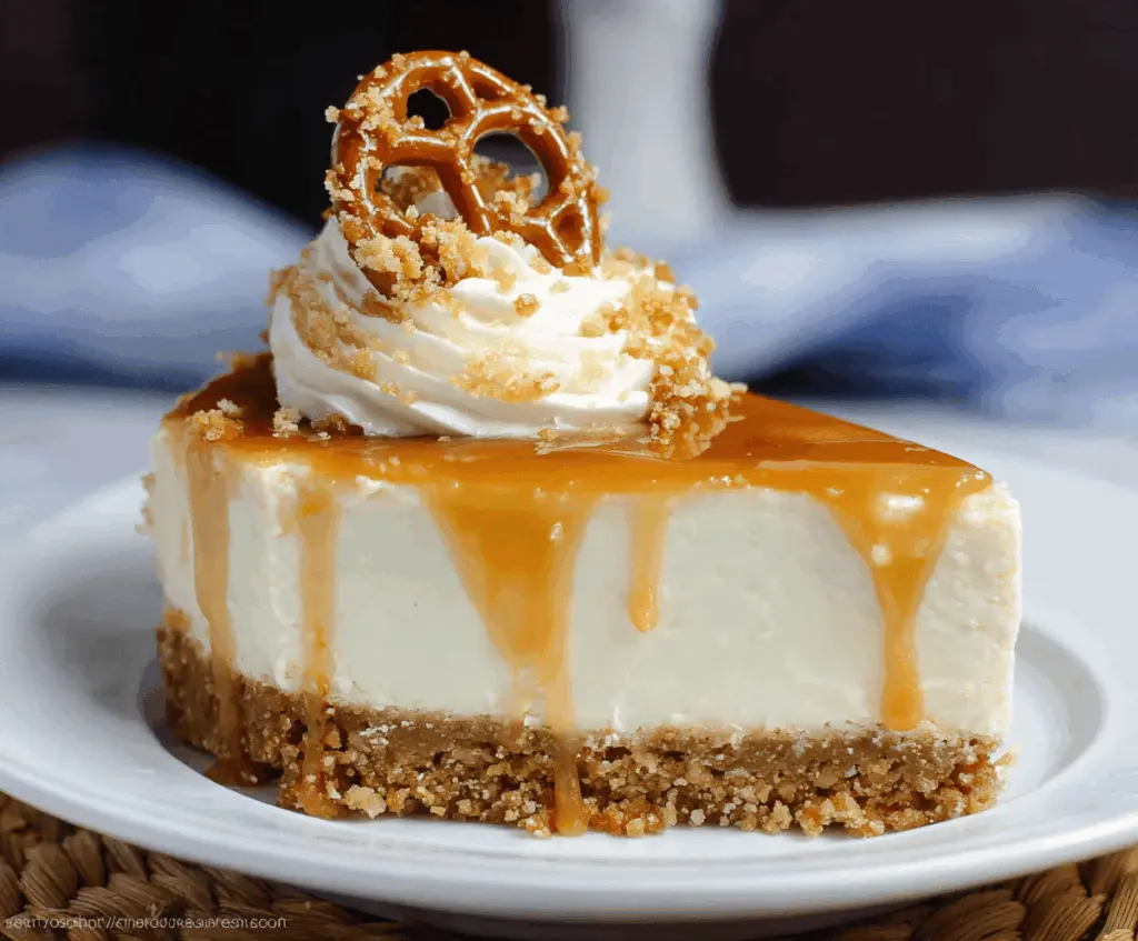Delicious no-bake salted caramel cheesecake with a creamy topping and caramel drizzle
