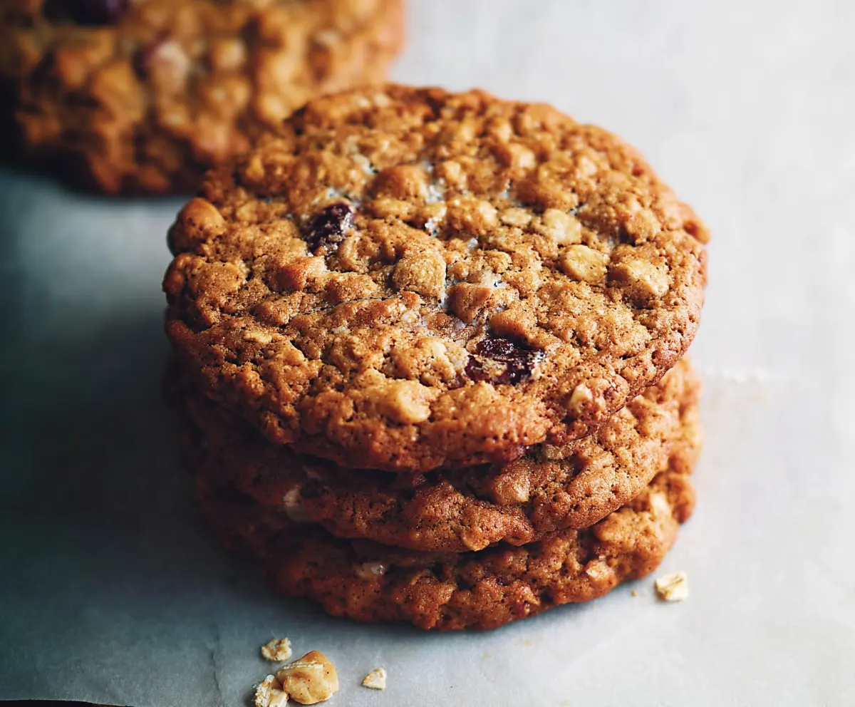 Delicious homemade oatmeal cookies with raisins and a golden-brown crust on a rustic tray.