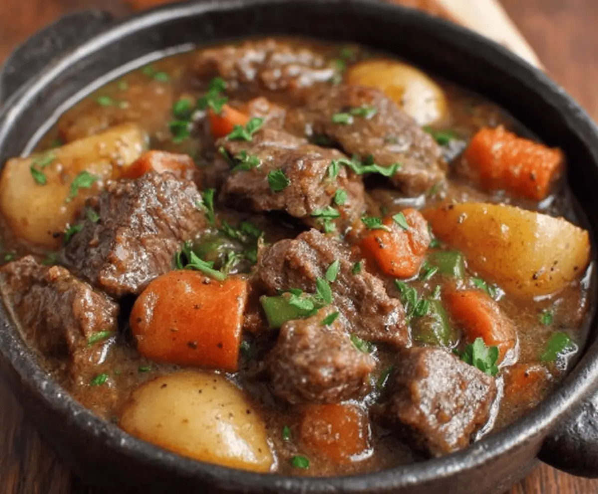 Hearty old fashioned beef stew with tender meat and fresh vegetables in a rustic bowl.