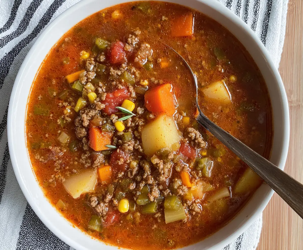 Homemade Old Fashioned Hamburger Soup in a bowl with rich ingredients and fresh vegetables