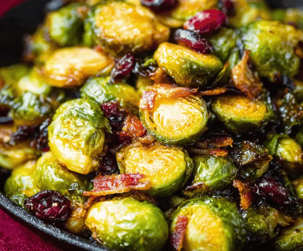 Delicious orange maple glazed Brussels sprouts garnished with fresh cranberries for a festive holiday side dish.