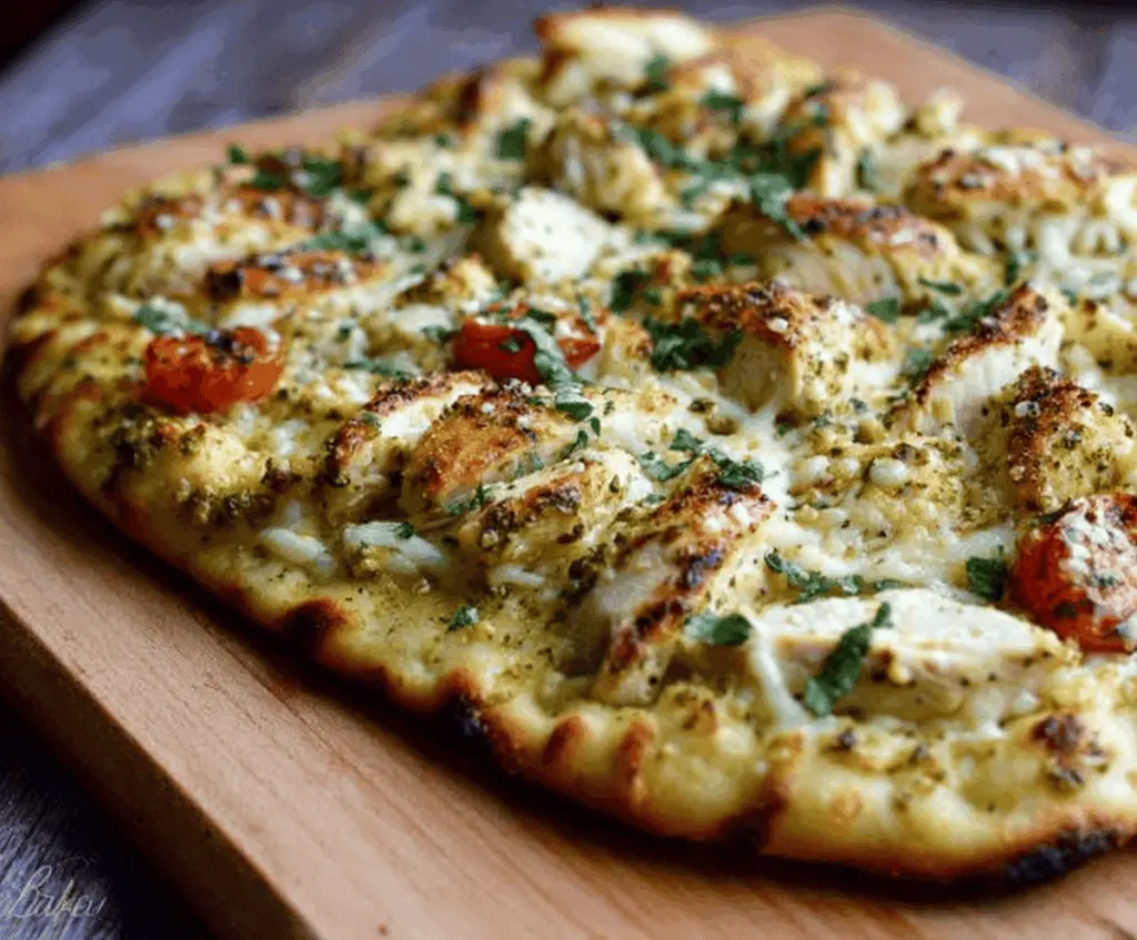 Delicious pesto chicken flatbread topped with fresh basil and melted cheese, perfect for a quick appetizer or meal.