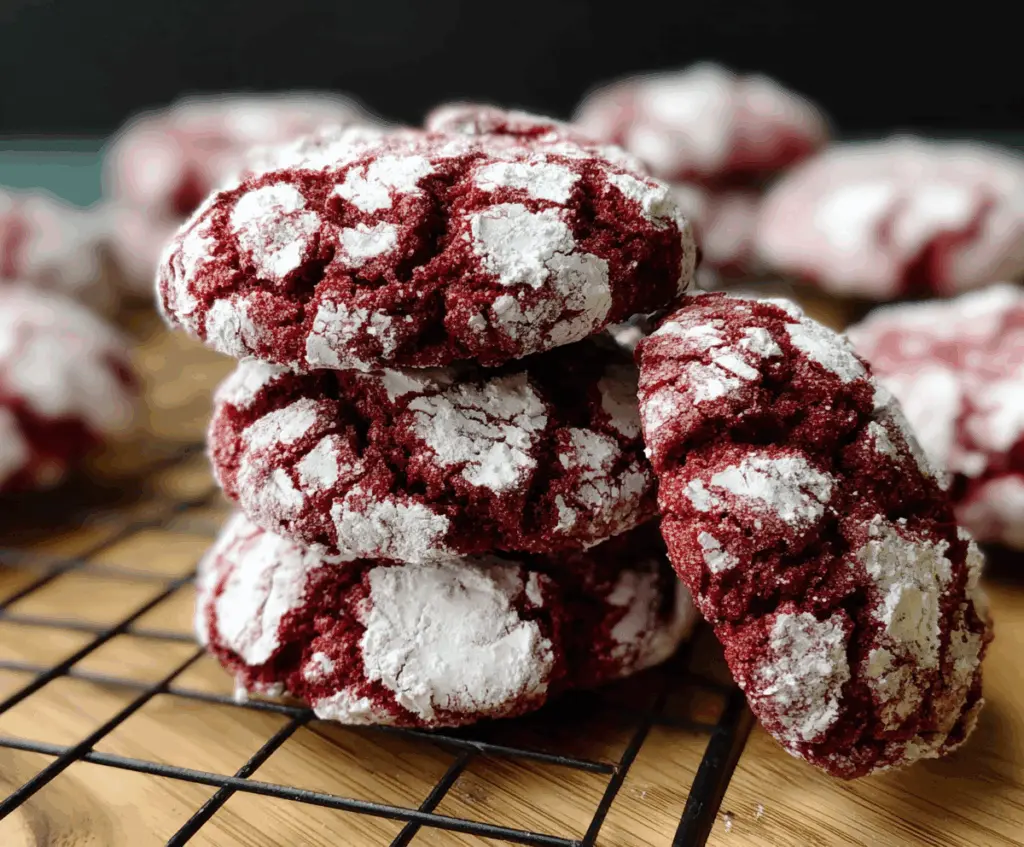 Delicious Red Velvet Crinkle Cookies with powdered sugar coating on a rustic kitchen table