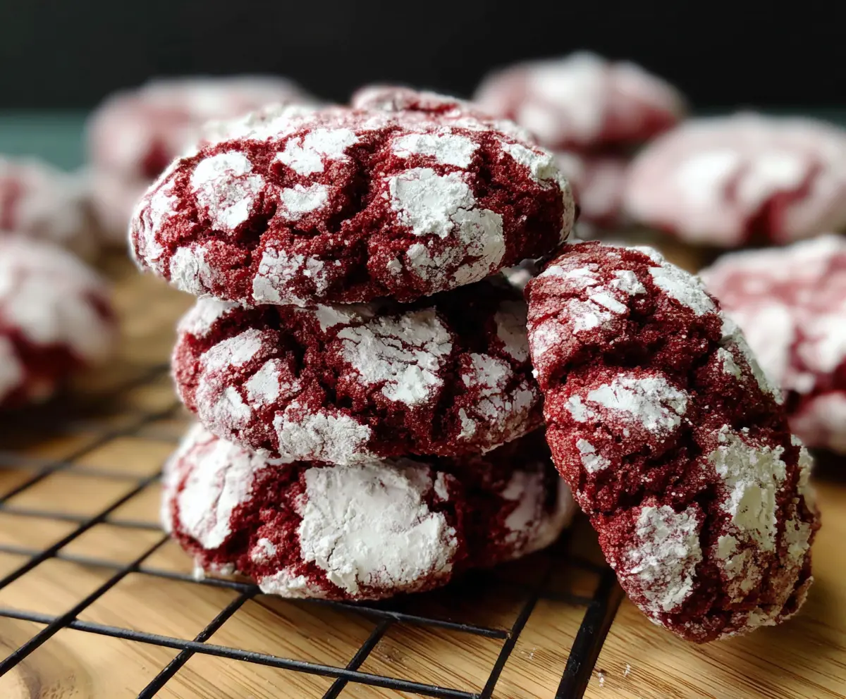 Delicious Red Velvet Crinkle Cookies with powdered sugar coating on a rustic kitchen table