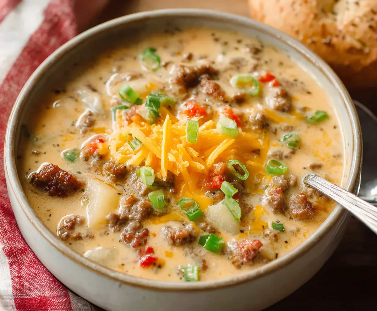 Creamy cheeseburger soup with melted cheese, beef, and vegetables in a bowl.