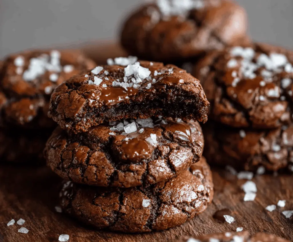 Delicious salted brownie's cookies on a plate, showcasing their chocolatey texture and sprinkle of sea salt.
