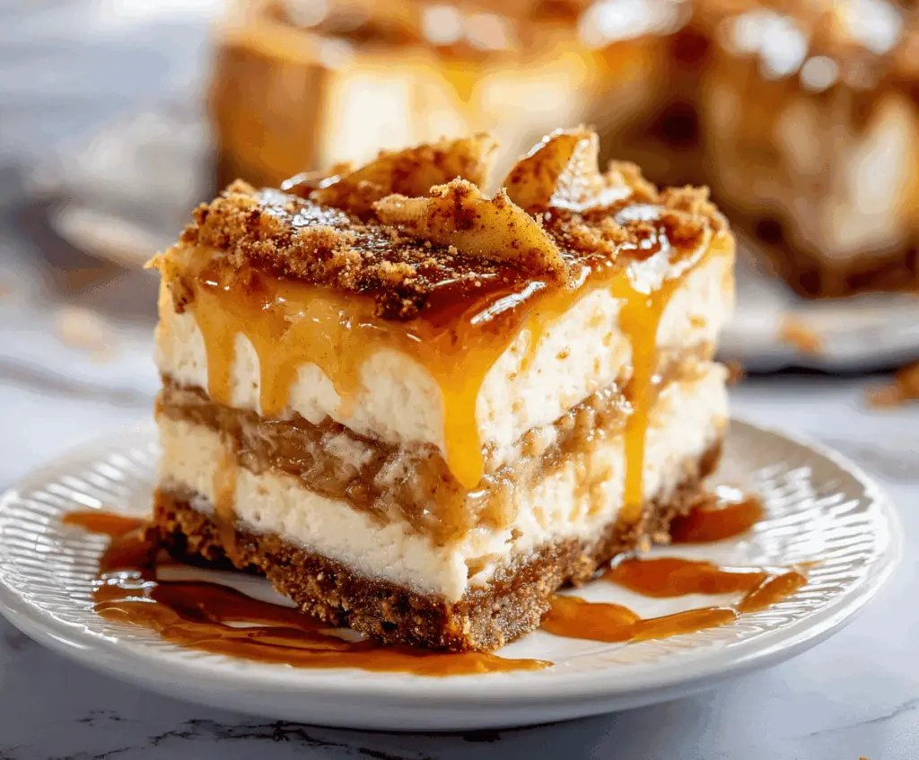 Delicious Salted Caramel Apple Pie Cheesecake topped with caramel drizzle and fresh apple slices.