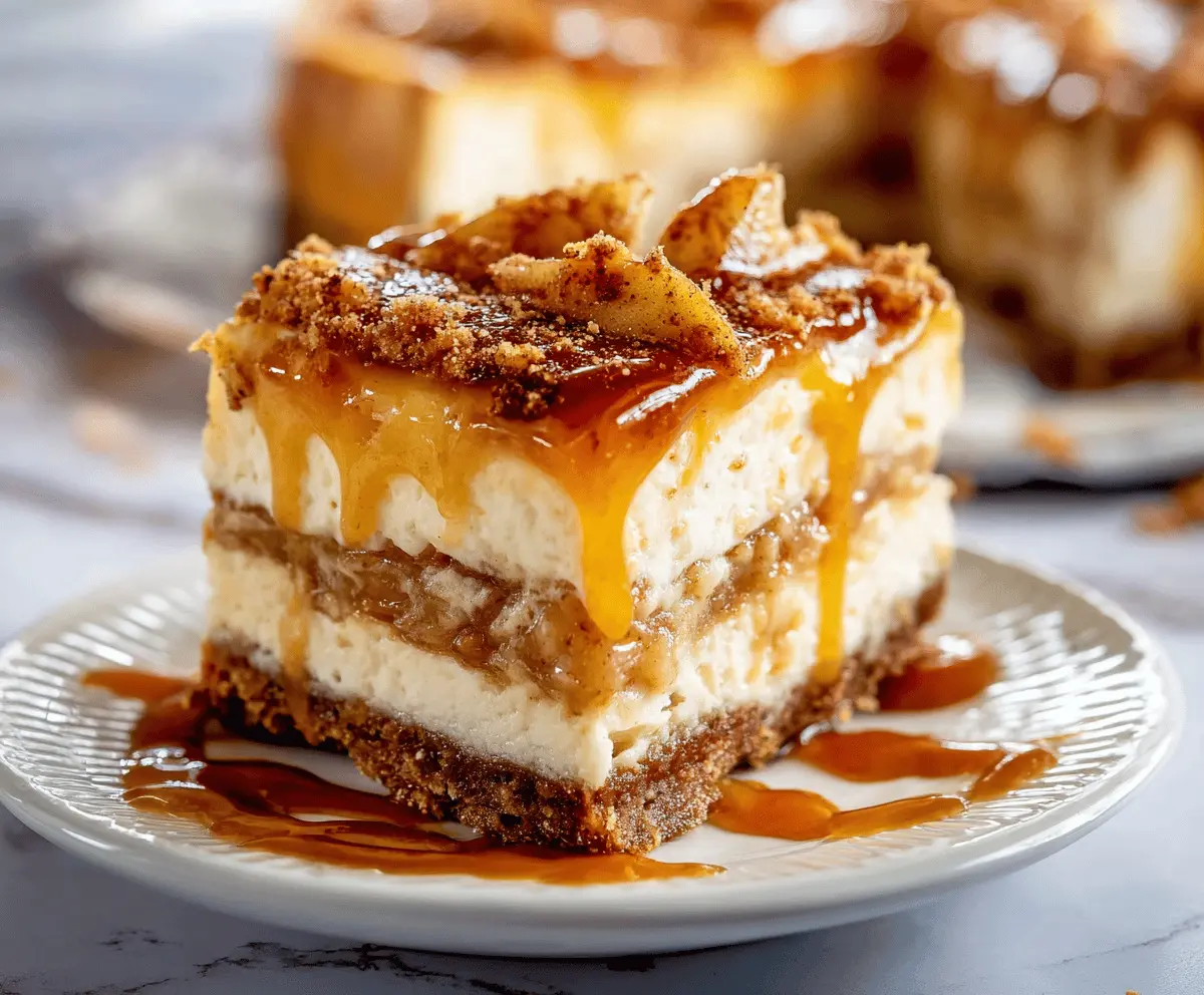 Delicious Salted Caramel Apple Pie Cheesecake topped with caramel drizzle and fresh apple slices.