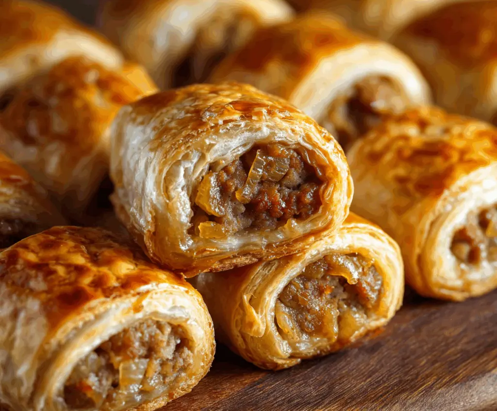 Delicious savory French onion sausage rolls on a platter, perfect for appetizers or snacks.