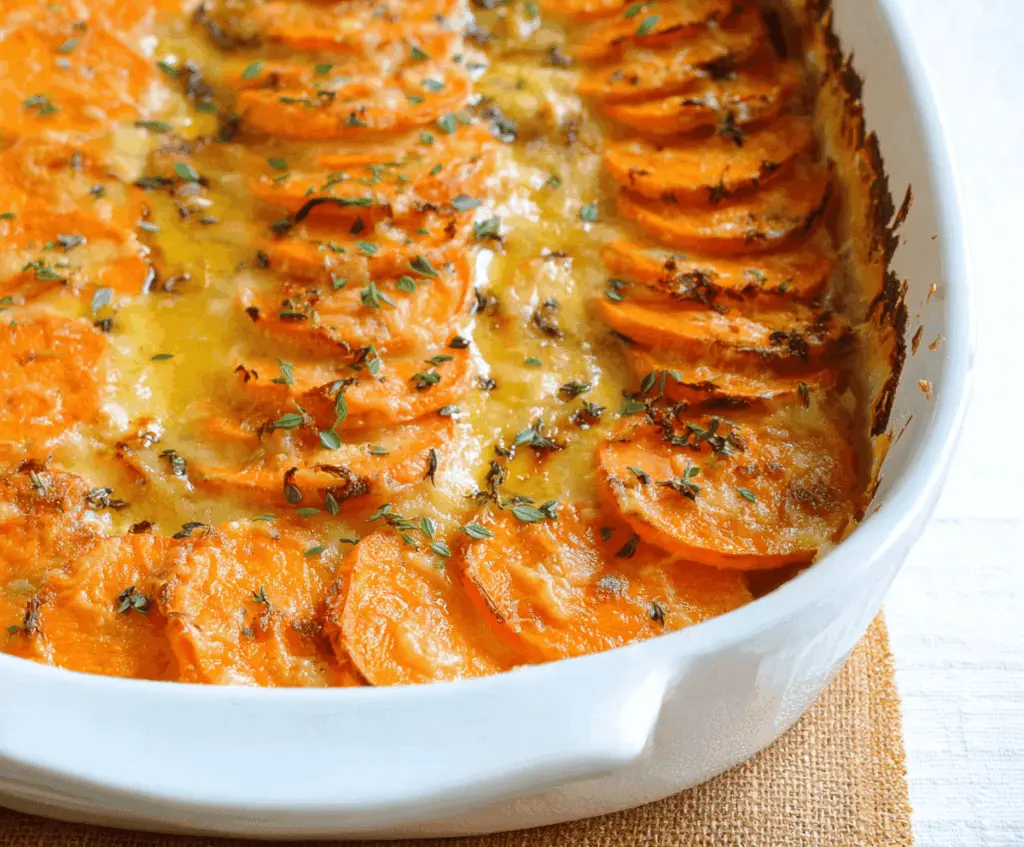 Delicious scalloped sweet potatoes layered with creamy cheese and herbs, served as a comforting side dish.