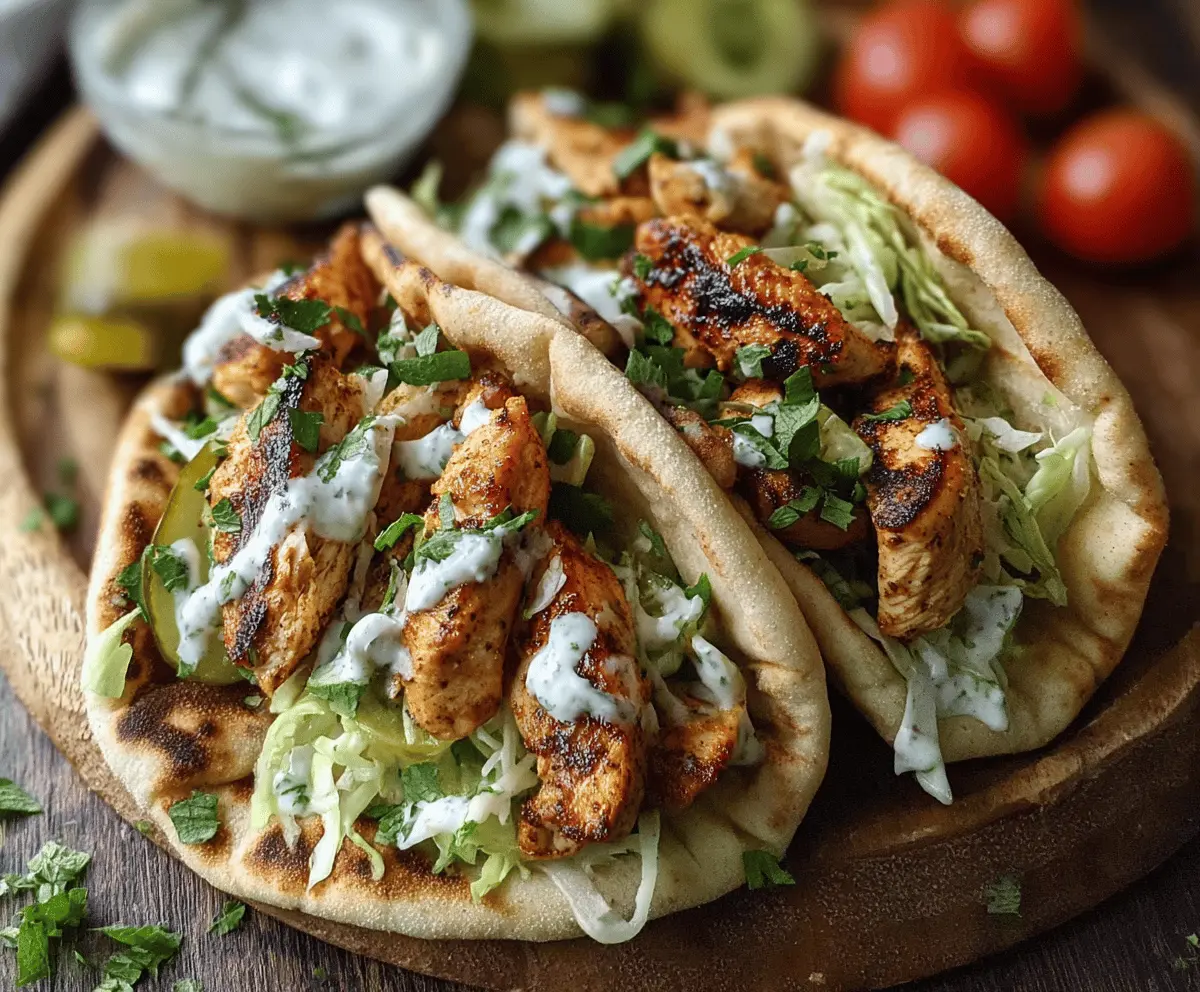 Delicious sheet pan chicken pitas topped with fresh herbs and creamy ranch sauce.