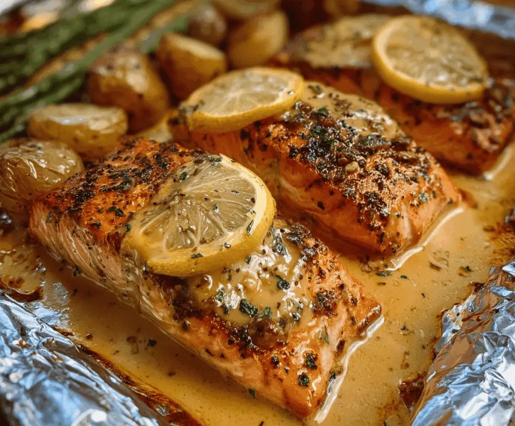 Baked lemon garlic butter salmon on a sheet pan with fresh herbs