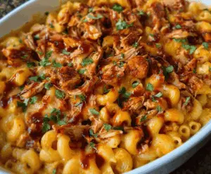 Delicious shredded BBQ chicken mac and cheese served in a bowl, topped with fresh herbs.