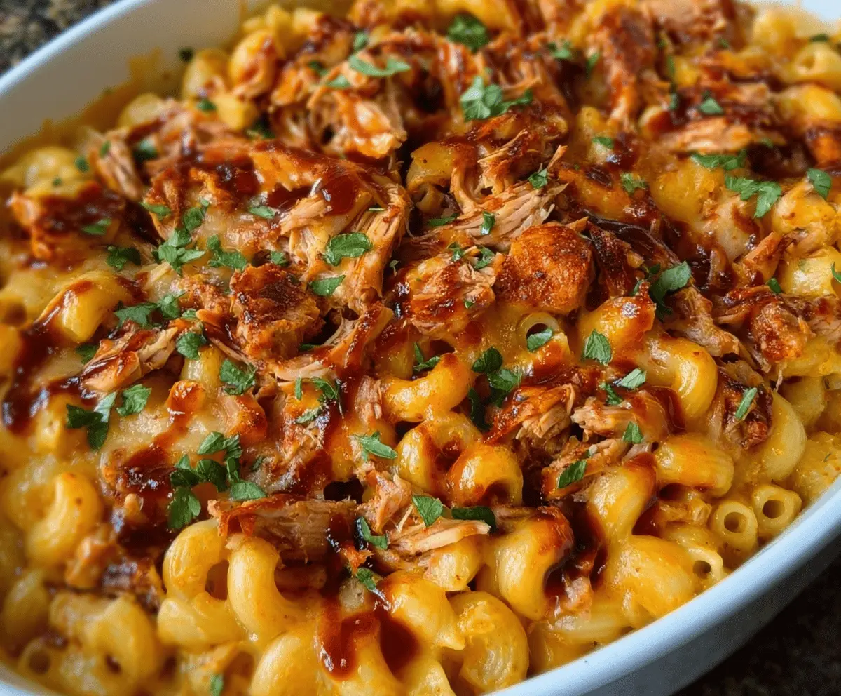 Delicious shredded BBQ chicken mac and cheese served in a bowl, topped with fresh herbs.
