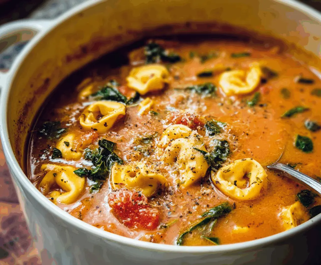 Creamy tortellini soup in a bowl with fresh herbs, perfect for a cozy meal.
