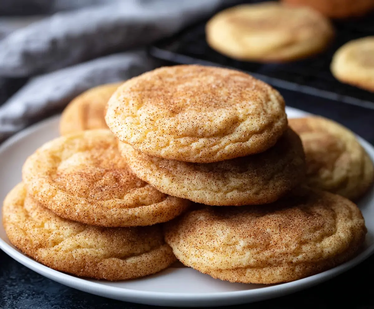 Golden-brown snickerdoodle cookies rolled in cinnamon sugar, fresh out of the oven.